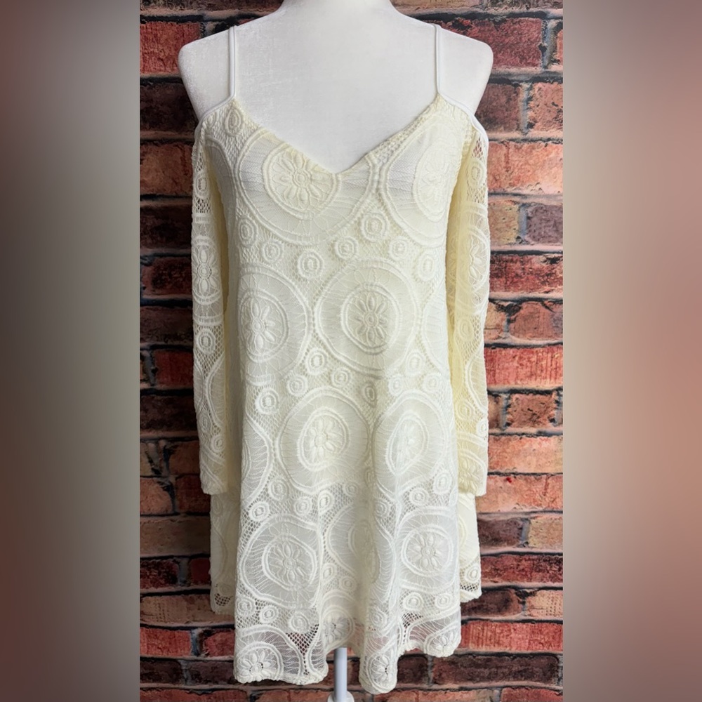 Love, Fire Cream Lace Crochet Overlay Lined Bell Sleeve Cold Shoulder Boho Dress